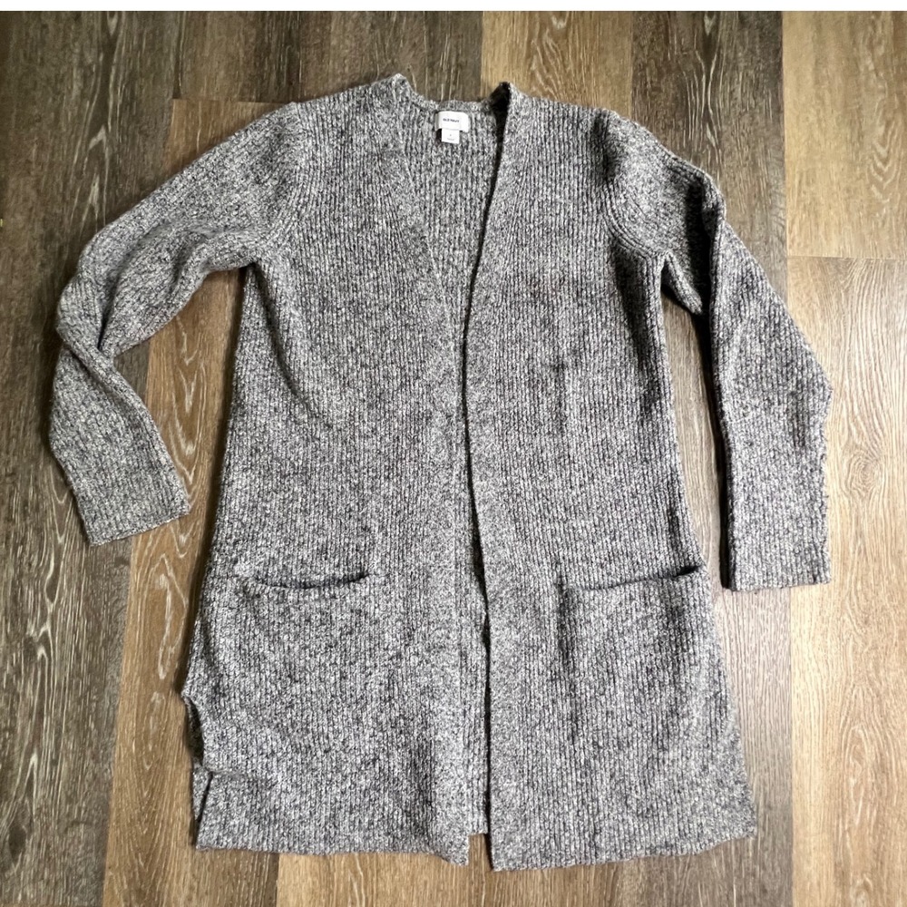 Old Navy Cardigan Women Small Gray Marled Ribbed Knit Open Front Longline Pocket